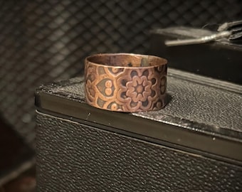handmade copper floral wide band ring 7