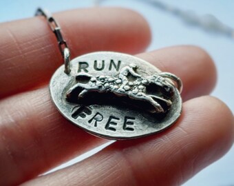 Handmade Silver Equestrian Horse stamped “Run Free” quote Sterling Silver Necklace