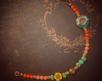 Hand-beaded colorful boho floral bracelet