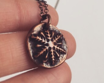 Handmade copper round snowflake charm pendant necklace