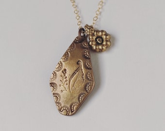 Handmade bronze stamped floral nature pendant with flower charm necklace