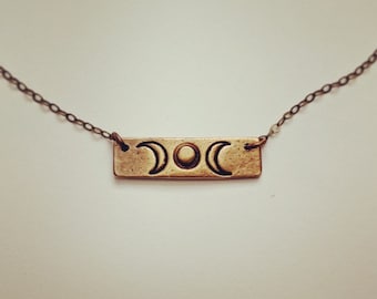 Triple Moon Goddess Bronze Bar Necklace