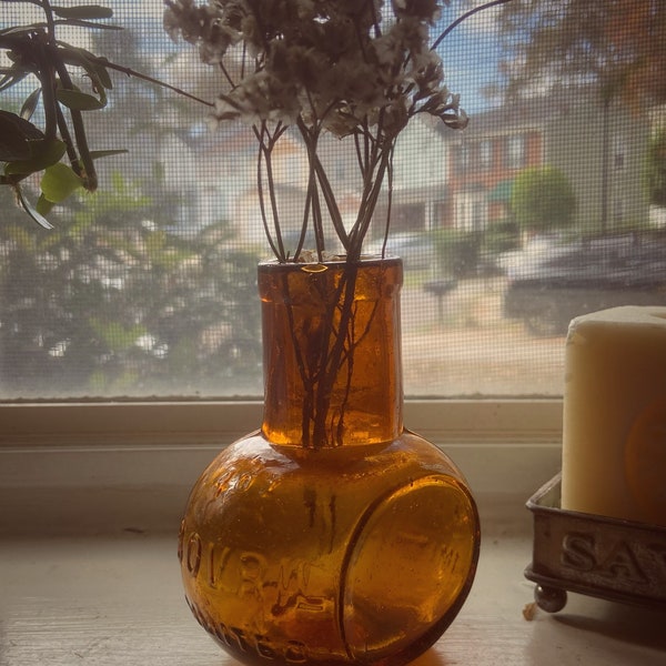 Antique amber glass Bovril jar mini vase