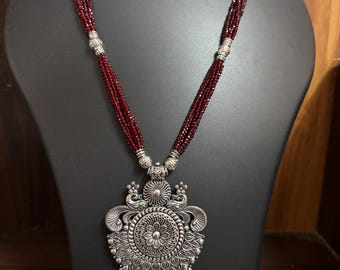 Oxidized Silver Peacock Pendant Necklace, Deep Red Beads, Handmade Ethnic Jewelry
