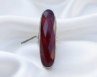 Handgefertigter Oval Langer Granat Ring 925 Sterling Silber Boho Statement Ring/Roter Edelstein
