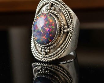 Handgemachter 925 Sterling Silber Feuer Opal Ring, Vintage Style / Einzigartiger Opal Schmuck-Russischer Schmuck