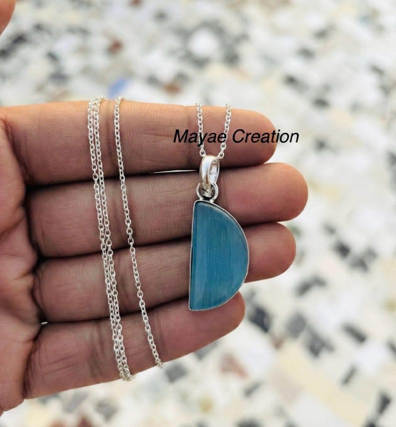 Blue Banded Agate Pendant Necklace/Natural Jewelry/Birthday Gift for Mom/Handmade Stone Pendant image 1
