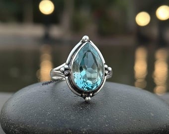 Teardrop Aquamarine Ring | Boho Sterling Silver March Birthstone/Minimalist Gemstone Jewelry