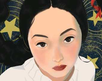Celestial Star Girl Portrait | A4 Digital Print | Cosmic Wall Art Illustration
