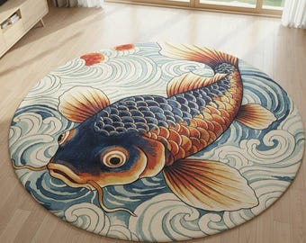 Handgetufteter Wollteppich: Japanisches Koi Fisch Ocean Wave Design