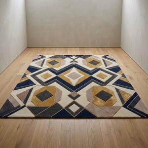 May include: Geometric patterned area rug with a cream background and navy blue, gold, gray, and tan geometric shapes. The rug is rectangular and placed on a hardwood floor. The design features diamonds, octagons, and zigzags.
