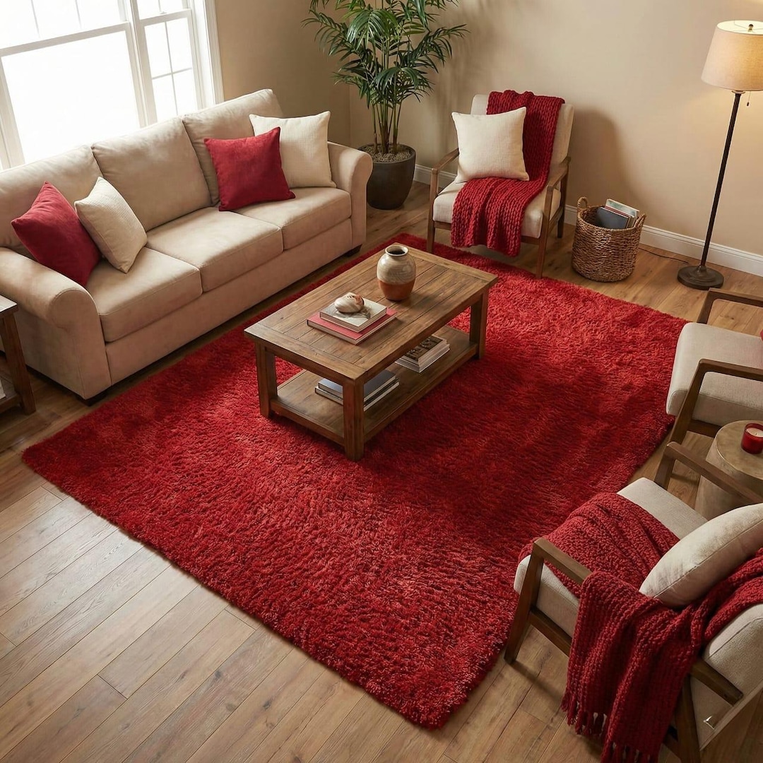 Crimson Red Shag Rug, Hand-tufted High-pile Plush Area Carpet - Etsy
