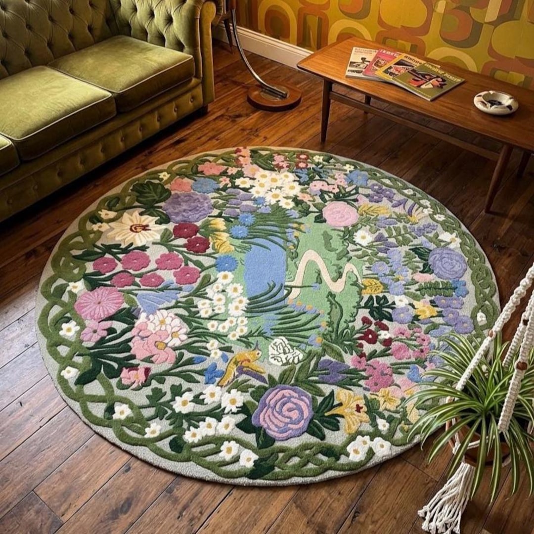 Hand-tufted Wool Round Rug: Cottagecore Floral Meadow Design, Bedroom ...