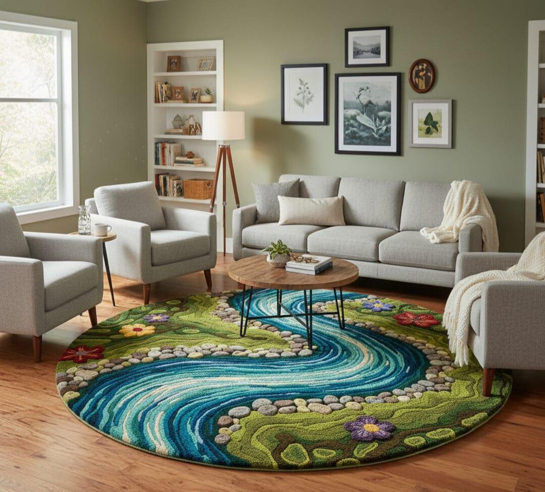 River Rug Custom Hand-tufted Wool River Rug, Green Forest Landscape, High-low Pile - Etsy