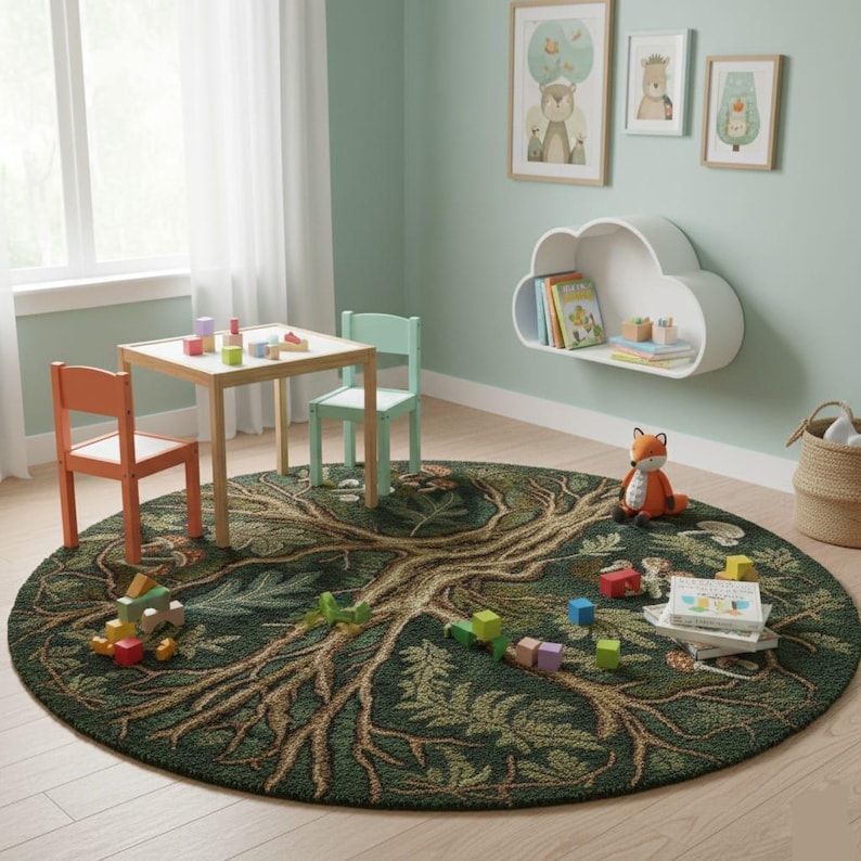 Tree Rug Modern Hand-tufted Wool Tree of Life Rug, Forest Green Botanical Art - Etsy