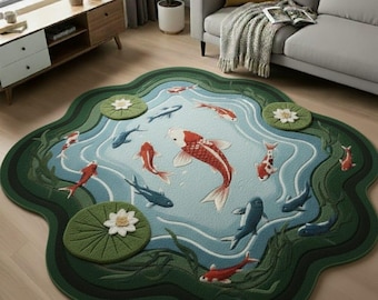 Hand Tufted Koi Pond Rug, Irregular Lily Pad Area Rug