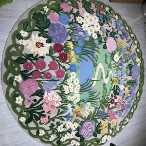 Hand-Tufted Wool Round Rug, Enchanted Garden Floral Meadow Design, Pastel Cottagecore Home Decor