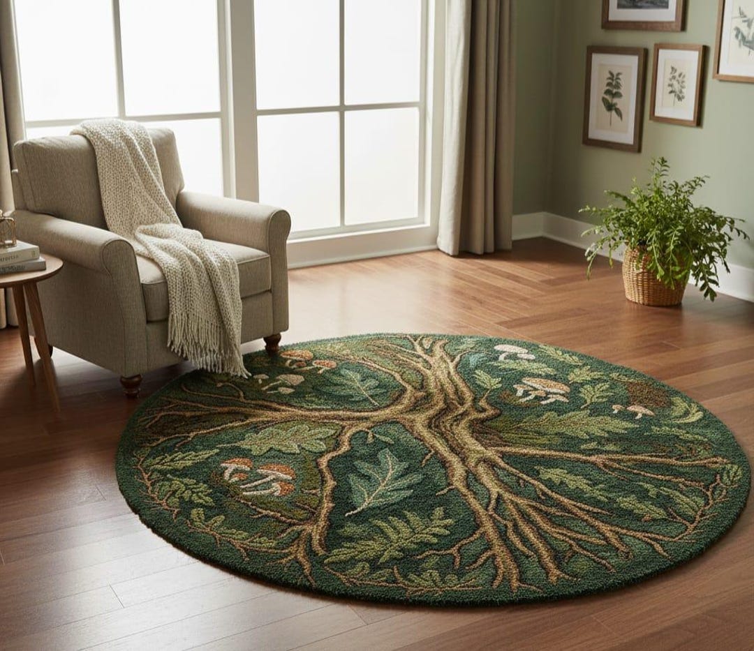Hand-tufted Wool Tree of Life Rug, Forest Green Botanical Art - Etsy