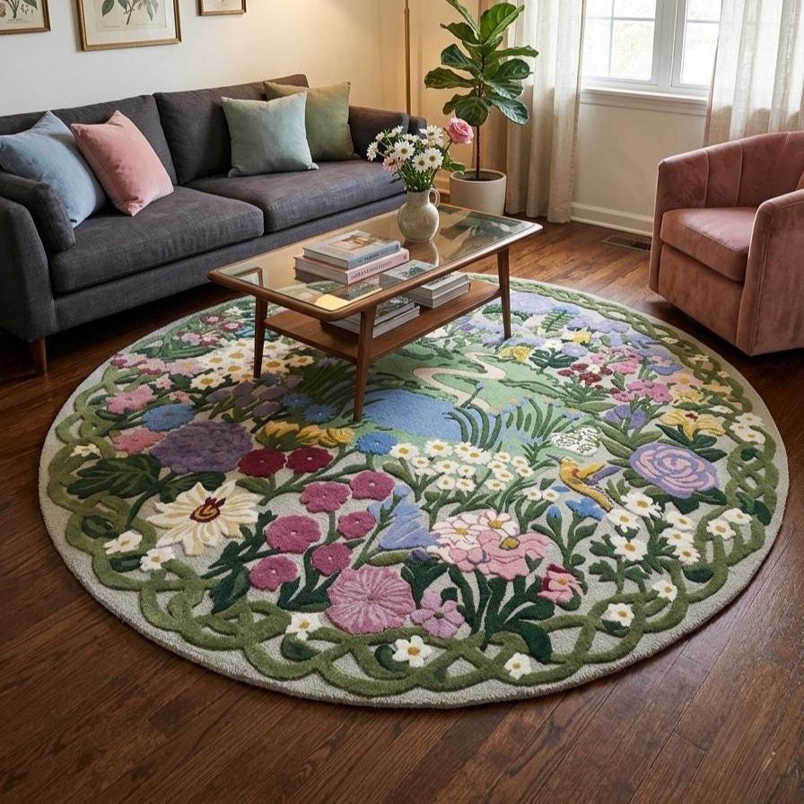 Hand-tufted Wool Round Rug: Cottagecore Floral Meadow Design, for Your ...