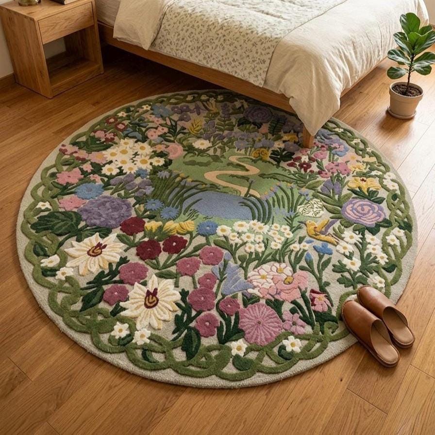 Cheerful Cottage Rug Hand-tufted Wool Round Rug: Cottagecore Floral Meadow Design, Bedroom ...
