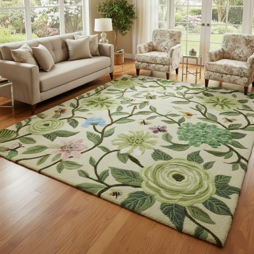 Hand-tufted Wool Area Rug, Floral Leaf Design, Nature's Charm - Etsy