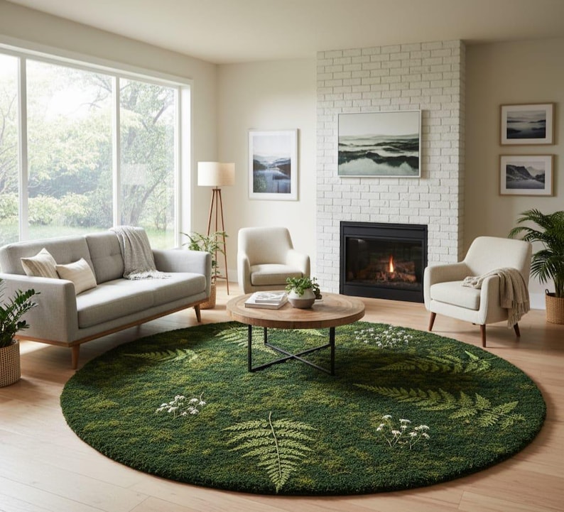 Hand-tufted Wool Round Rug – 3D Moss & Fern Design Carpet - Etsy