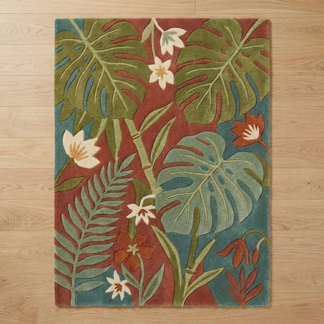 Hand Tufted Monstera Leaf Rug, Tropical Botanical Floral Carpet, Coral ...
