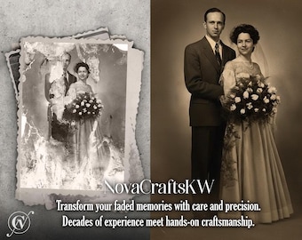 Servicio de restauración de fotos antiguas: reparación y mejora de fotos dañadas, preservación de rasgos faciales originales.