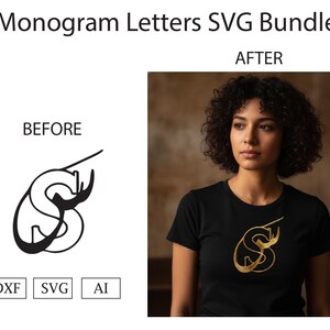 Könnte beinhalten: Schwarzes T-Shirt mit goldenem Monogramm-Design, ein stilisiertes "S" mit einem geschwungenen Element. Das Bild zeigt den Text "Monogram Letters SVG Bundle" und "AFTER". Darunter stehen die Wörter "BEFORE", "DXF", "SVG" und "AI".