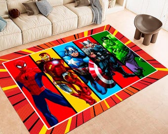 Superhero Kids Rug: Washable Comic Style Playroom Carpet, Non Slip Hero Theme Area Rug