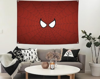 黒猫の頭のタペストリー：ミニマリストボヘミアン寝室の壁装飾、スパイダーマンの壁タペストリー、スパイダーマンのウェブデザインの壁掛け、マーベルスーパーヒーロールーム
