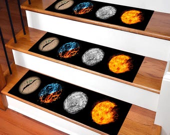 Alfombra de escalera elemental, alfombra de fuego, agua, tierra y aire, alfombra de escalera moderna de fantasía, decoración oscura para el hogar, alfombra de escalera elemental abstracta