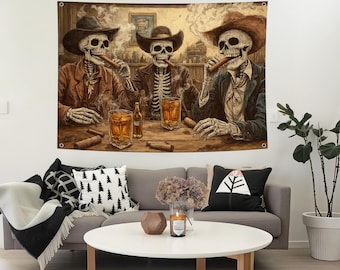 Esqueletos en un tapiz de estilo Western Saloon: tapiz gótico vintage, decoración de pared con calaveras, tapiz gótico de Western Saloon, arte de calaveras vintage
