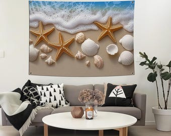 Seashells Starfish Beach Tapestry, Ocean Wave Coastal Decor
