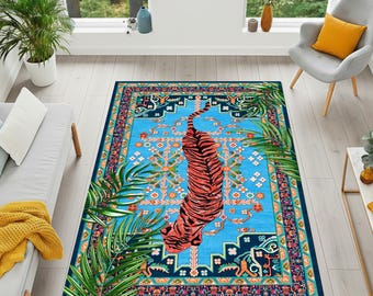 Alfombra oriental con tigre, alfombra de animales exóticos, alfombra de estilo persa, decoración bohemia maximalista, alfombra de tigre exótico, alfombra persa oriental