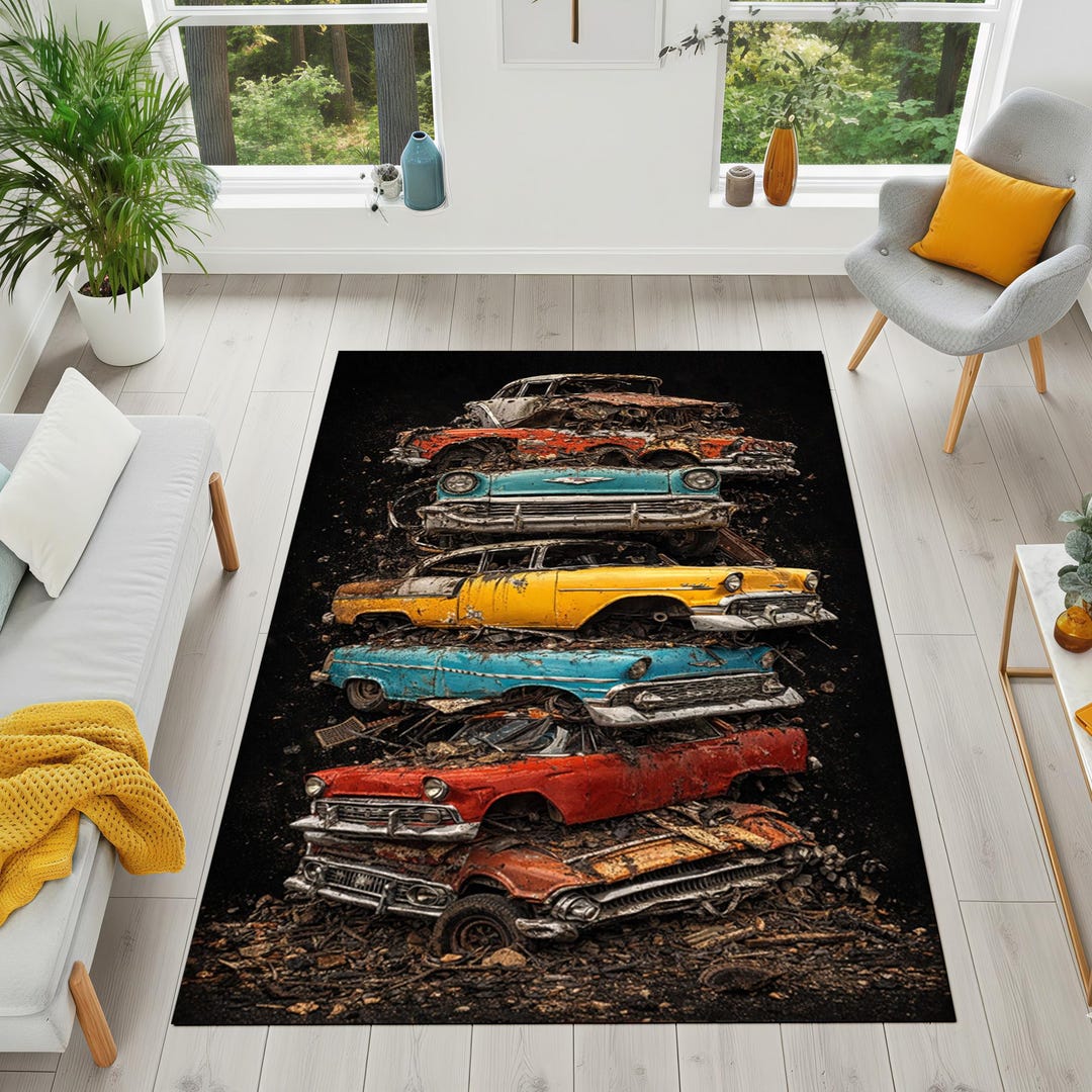 Car Rug Templet Stacked Classic Cars Rug, 3D Print Garage Decor - Etsy