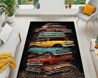 Alfombra de coches clásicos, decoración para sala de juegos, alfombra con impresión 3D, alfombra vintage de muscle cars, alfombra retro de coches clásicos apilados, alfombra para garaje, decoración de cueva de hombre