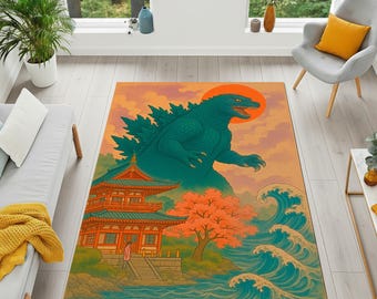 Alfombra de Godzilla, arte japonés, decoración retro kaiju, alfombra de Godzilla, alfombra de arte japonés, alfombra de monstruo kaiju, decoración retro japonesa, alfombra de pared estilo anime