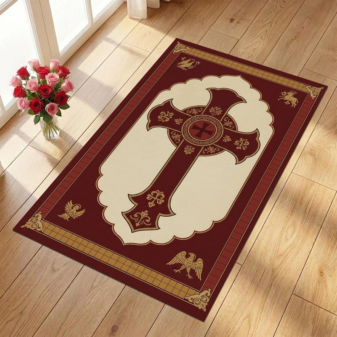 Pulpit Rug Christian Cross Rug, Ornate Christian Cross Rug, Burgundy Gold, Vintage ...