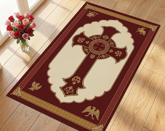 Alfombra con cruz cristiana ornamentada, alfombra de iglesia con dorado burdeos, alfombra religiosa, alfombra con decoración de iglesia, arte de cruz medieval, alfombra de arte sacro, alfombra con cruz cristiana