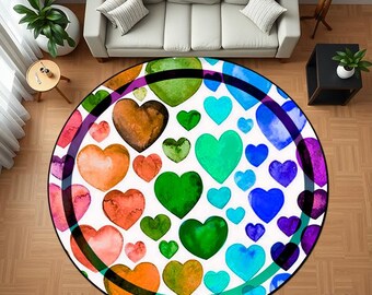 Aquarell Herzen Runder Teppich - Bunt Kinder Dekor, Kinderzimmer Teppich