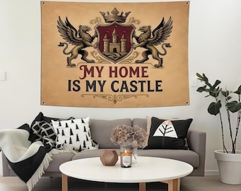 Alfombra de pared "Mi hogar es mi castillo" - Tapiz heráldico de castillo - Escudo de grifo, decoración medieval para el hogar, decoración con escudo medieval, estilo vintage