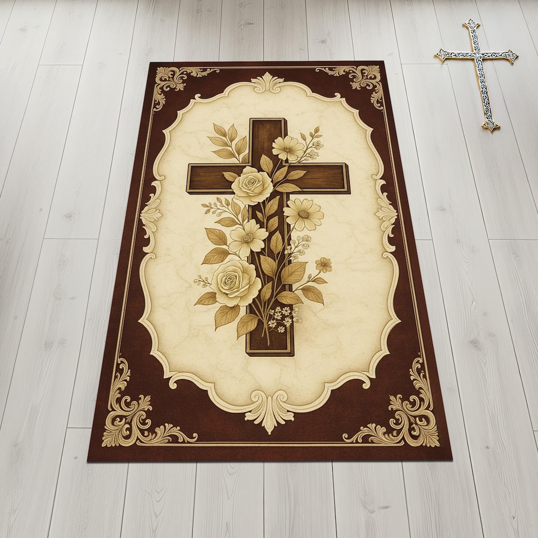Church Rug Floral Cross Christian Prayer Rug, Vintage Style Faith Carpet - Etsy