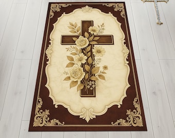 Alfombra de oración cristiana con cruz floral, inspirada en la fe, estilo vintage para sala de oración, regalo católico, regalo de Jesús.