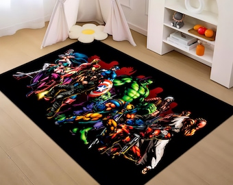 Comic Style Superhero Kids Rug, Washable Playroom Carpet