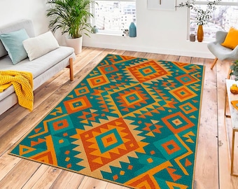 Dywan boho geometryczny: kolorowy kilim plemienny, nowoczesny wystrój