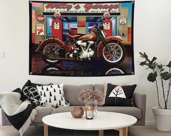 Tapiz de pared de motocicleta vintage de la Ruta 66, alfombra de pared clásica de garaje de motociclista de la Ruta 66, tapiz de gasolinera de la Ruta 66, motocicleta americana de la Ruta 66