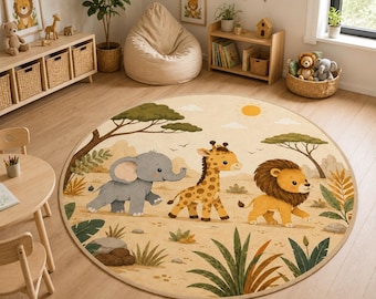 Safari Nursery Rug, Round Kids Rug, Jungle Animal Play Mat, Nursery Play Rug, Baby Room Decor, Cute Animal Carpet