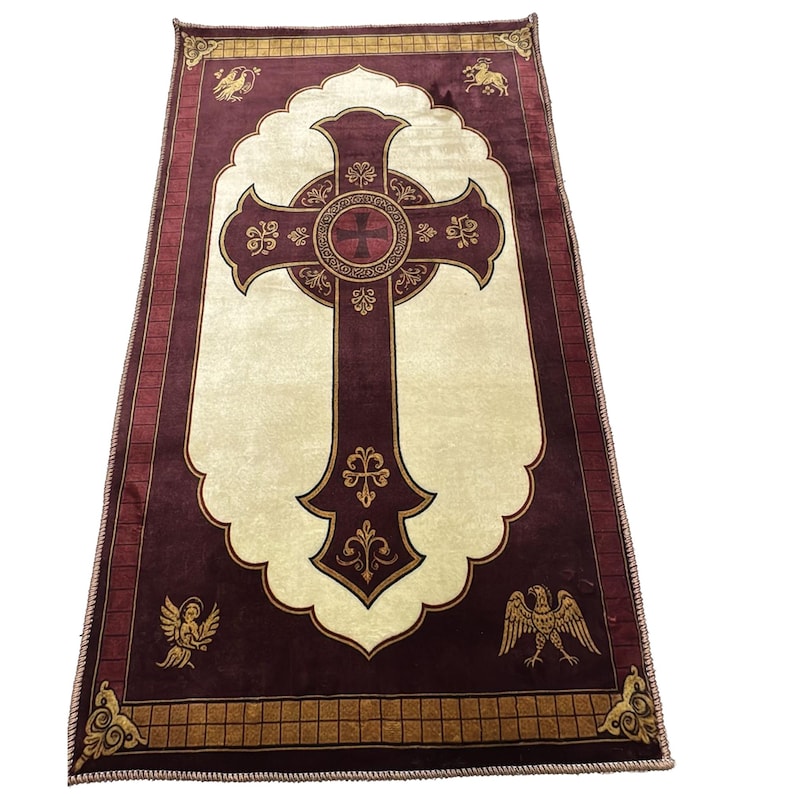 Church Rug Christian Cross Rug, Ornate Christian Cross Rug, Burgundy Gold, Vintage ...