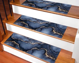 Alfombra de lujo de mármol para escaleras, diseño abstracto azul marino y dorado, moderna alfombra antideslizante para escaleras, alfombra para escaleras, funda Stari personalizada